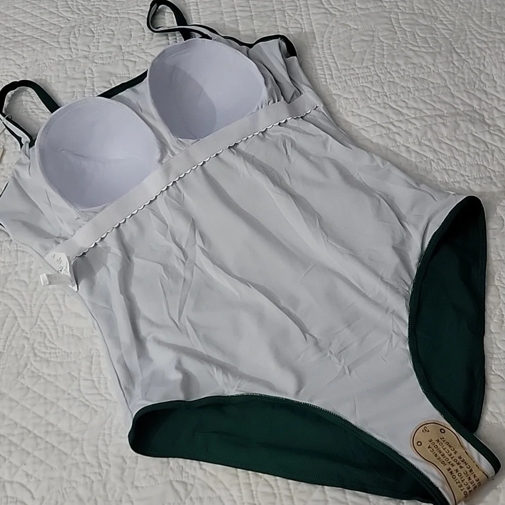 Emerald Green Rouche Tummy Control Retro Push-up One-Piece Swimsuit Plus XXL - Picture 10 of 13